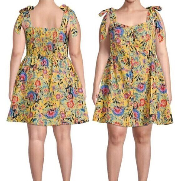 TERRA & SKY Plus Size Button Front Tie Shoulder Dress Mustard Yellow Floral Mini - Picture 1 of 14
